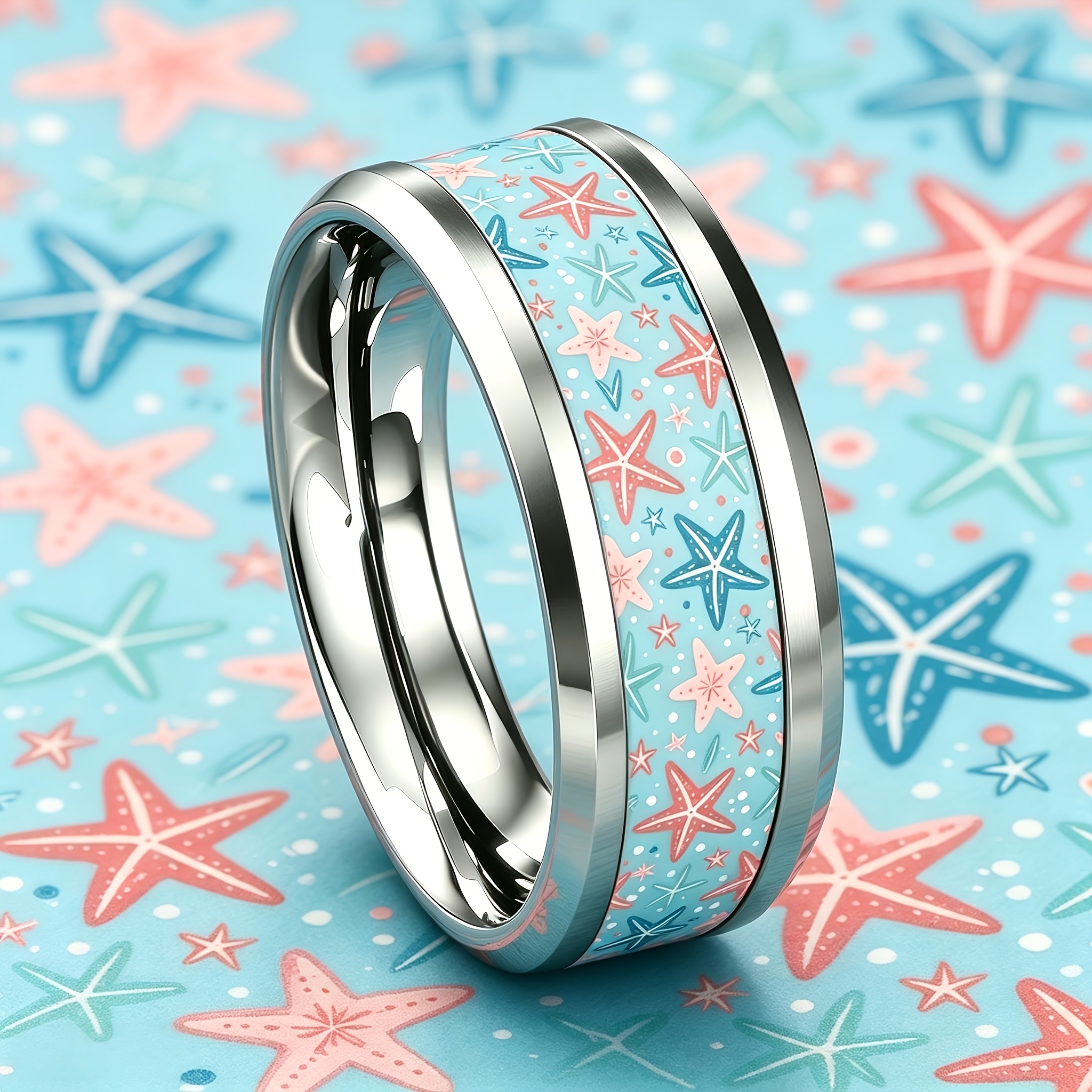 Macaron-Colored Starfish 304 Stainless Steel Ring, 8mm